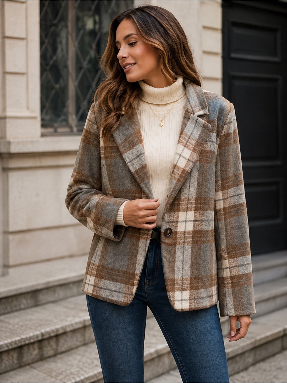 bagatelle Plaid Blazer Jacket in Gray, Brown & Cream - Picture 2 of 3